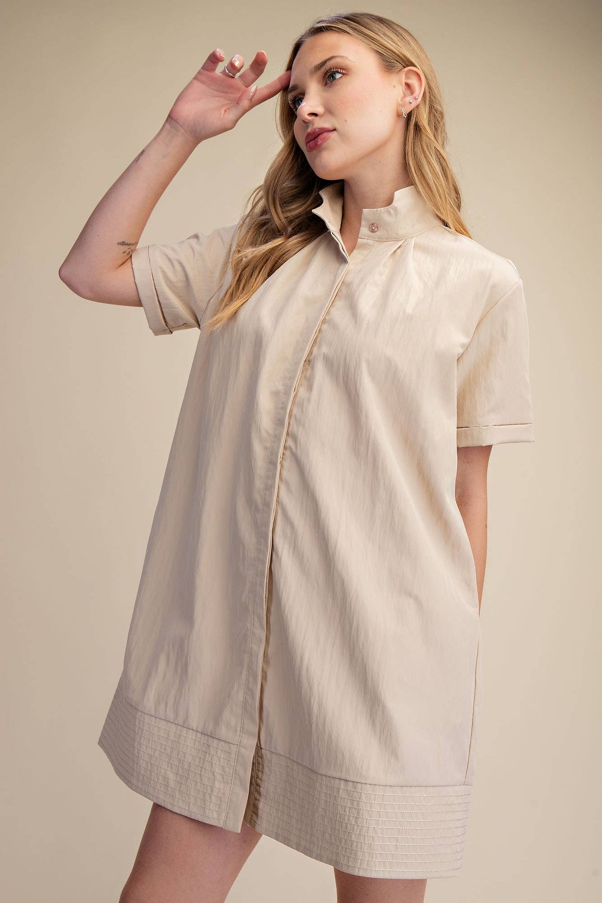 Taupe Stand Collar Short Sleeves Button Down Shift Mini Dress
