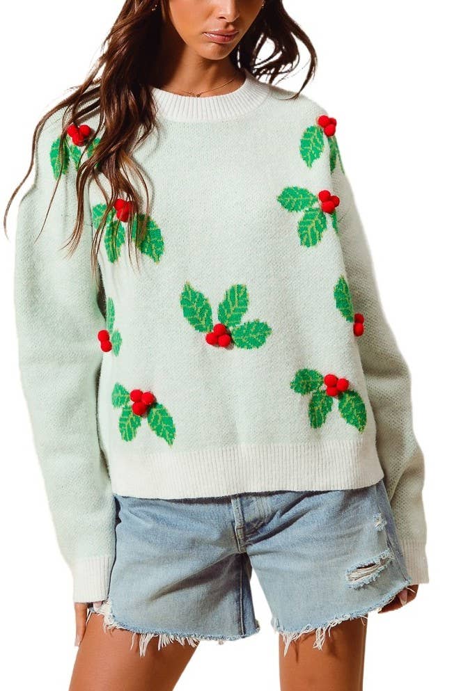 Christmas Holly Berries Pom Pom Sweater Top