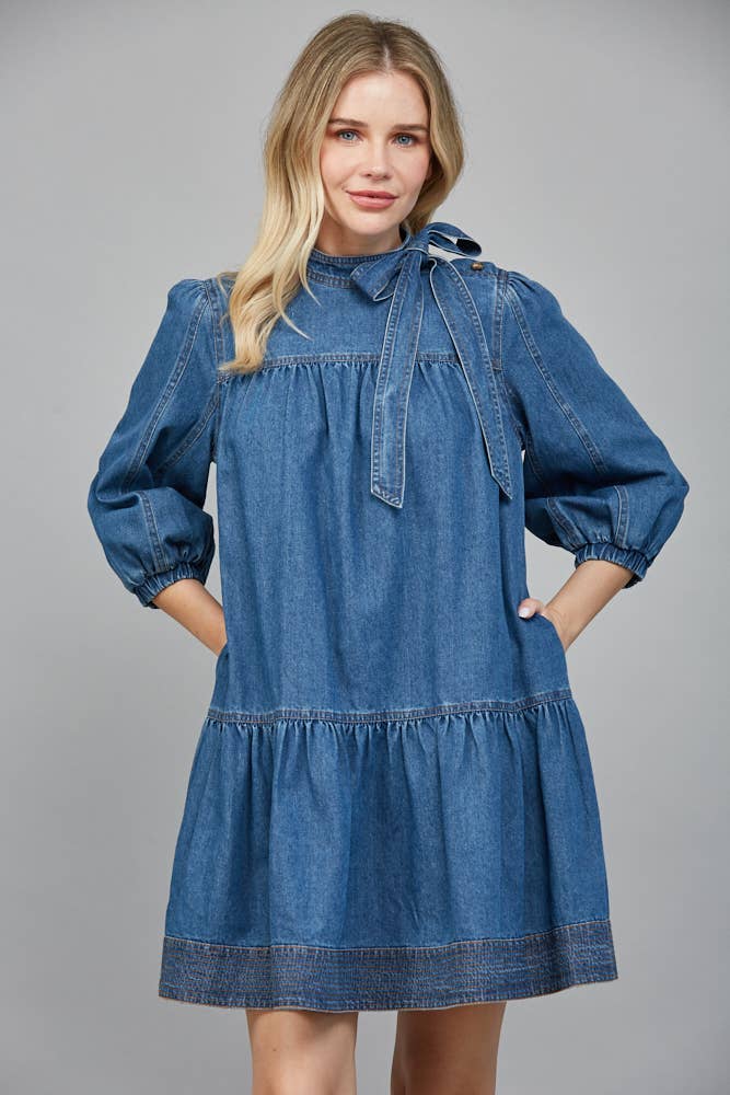 WASHED DENIM Dress with Removable Bow