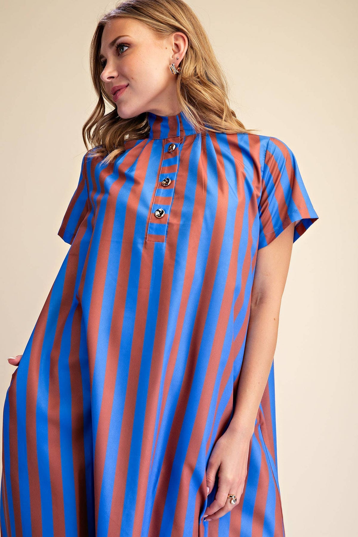 High Neck Royal/Chocolate Stripe Midi Dress