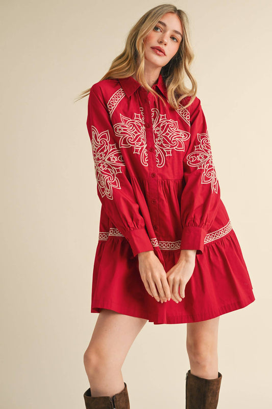 EMBROIDERED BUTTON DOWN MINI DRESS