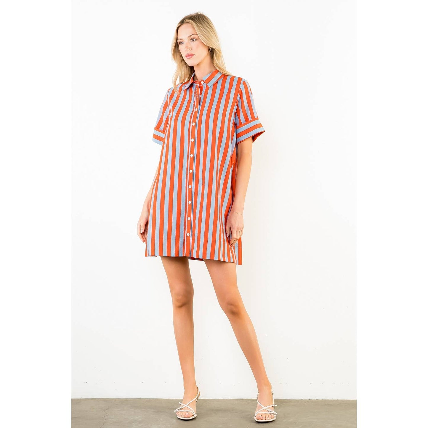 Short Sleeve Striped Button Up Dress