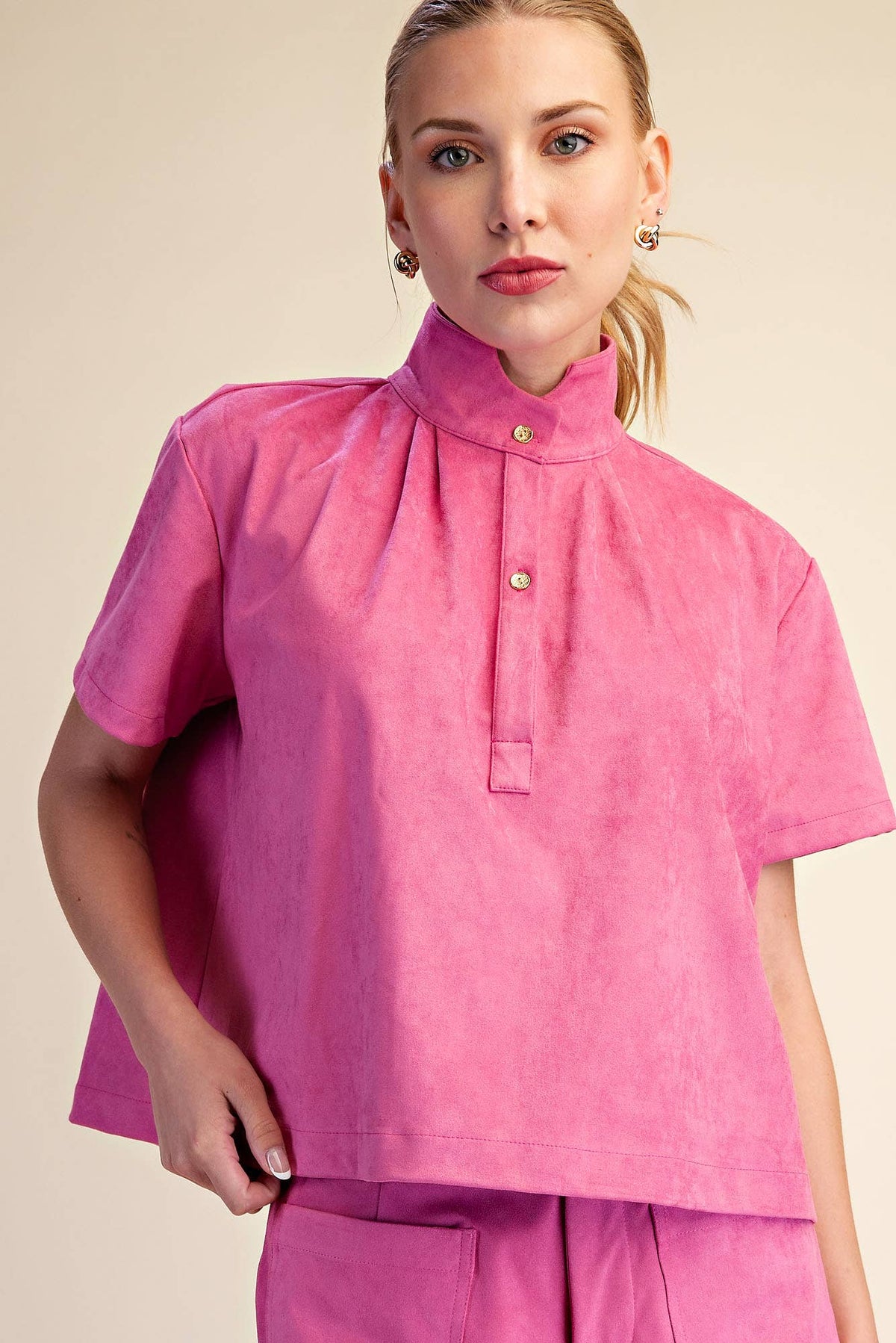 High Collar Short Sleeve Faux Suede Shirt ~ 2 colors