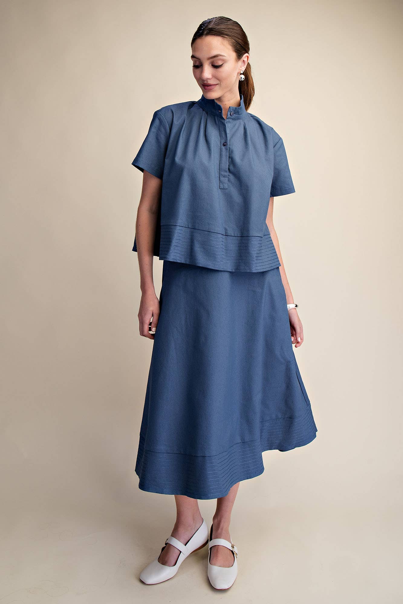 Indigo Stand Collar Short Sleeve Stitch Detail Shirt