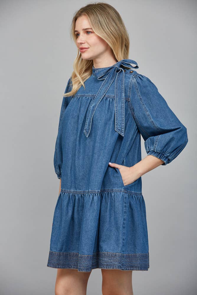 WASHED DENIM Dress with Removable Bow
