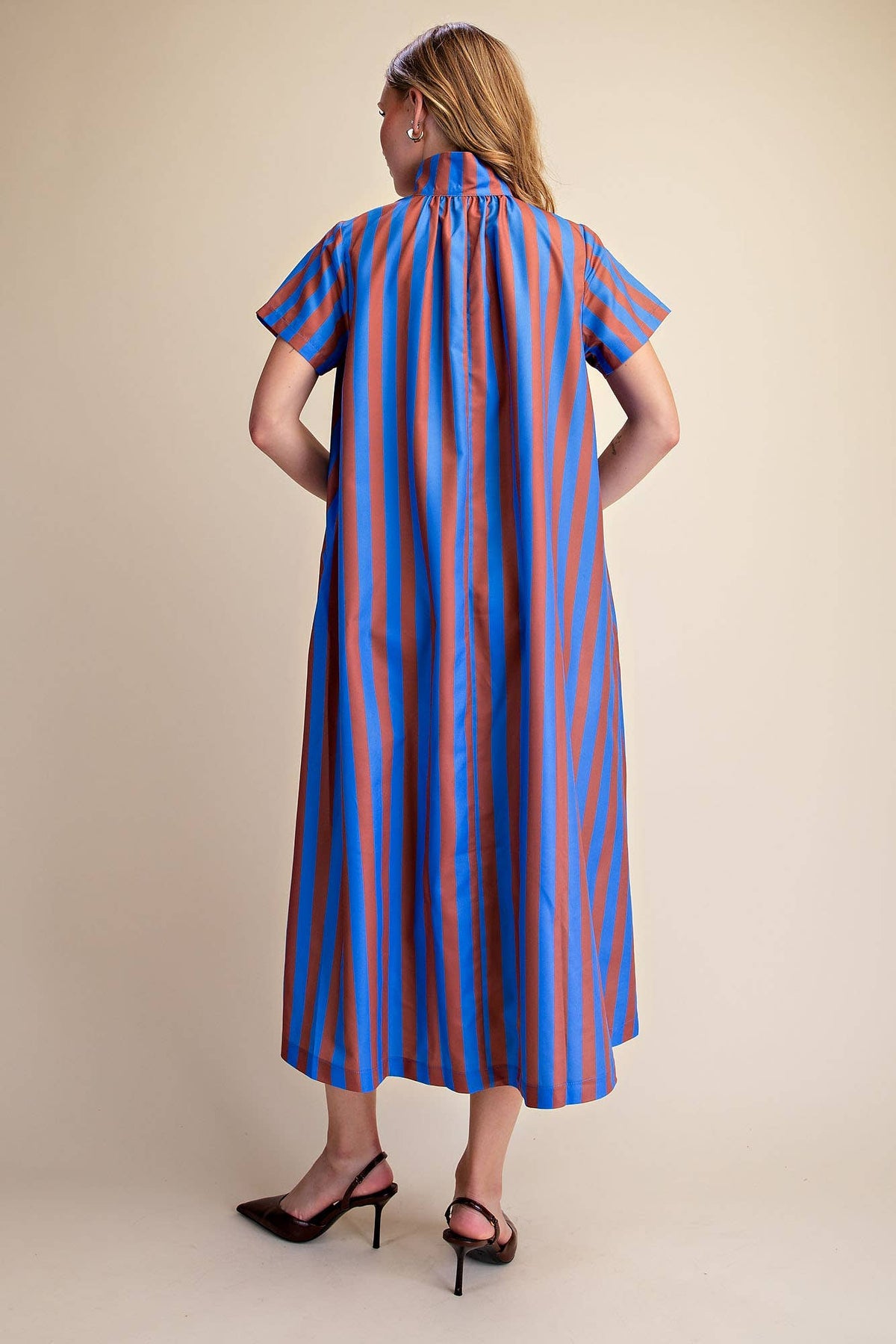 High Neck Royal/Chocolate Stripe Midi Dress