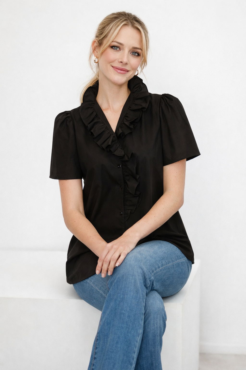 Classic Ruffle Collar Short Sleeve Blouse - 2 colors