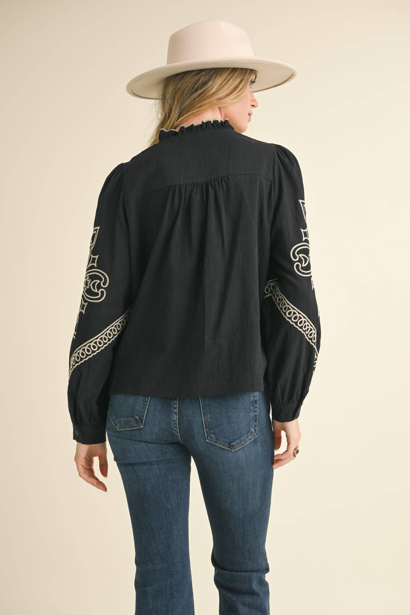 EMBROIDERED MOCK NECK BUTTON UP TOP
