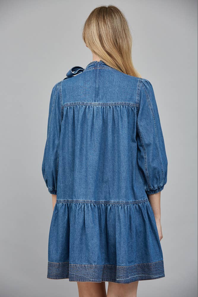 WASHED DENIM Dress with Removable Bow