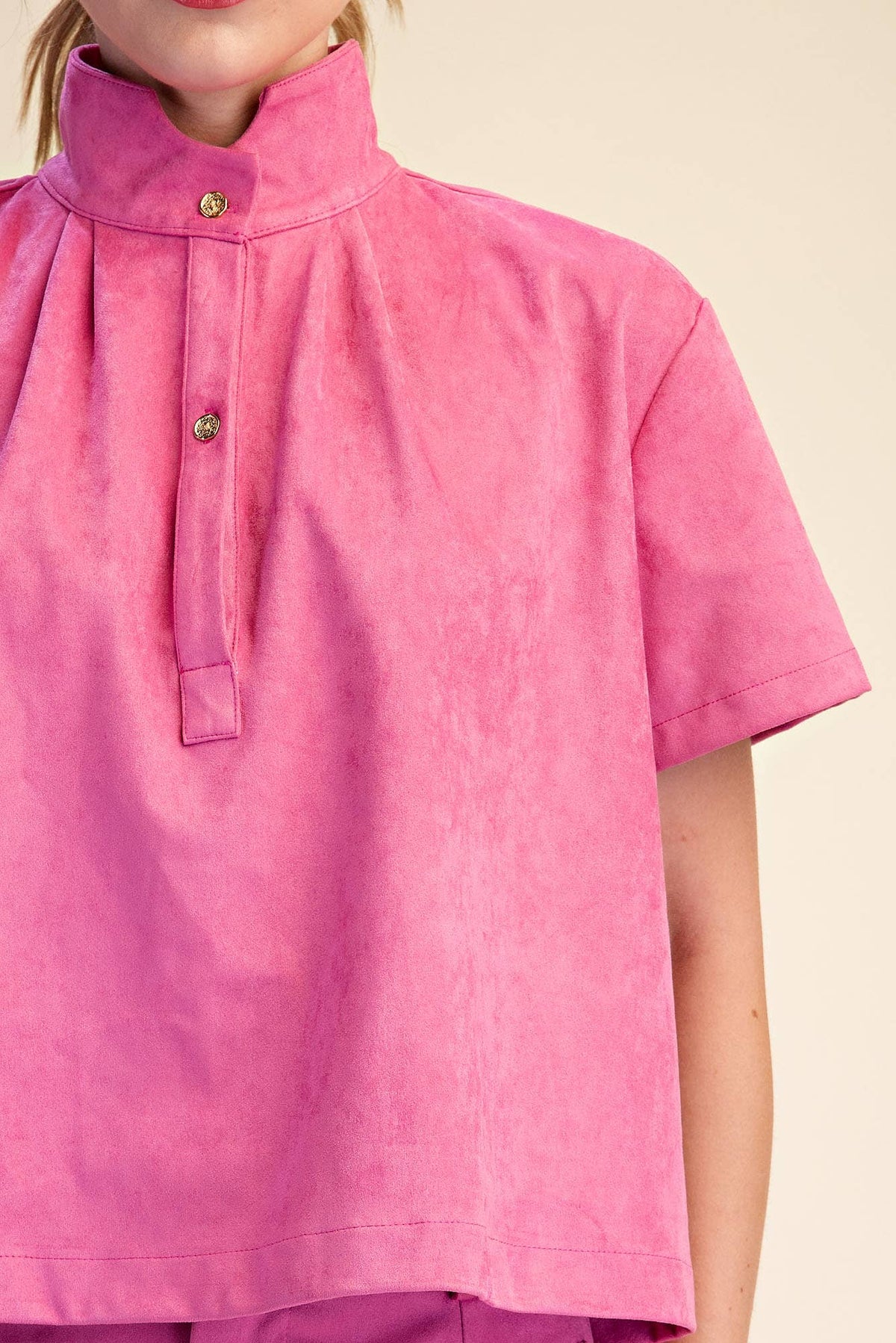 High Collar Short Sleeve Faux Suede Shirt ~ 2 colors