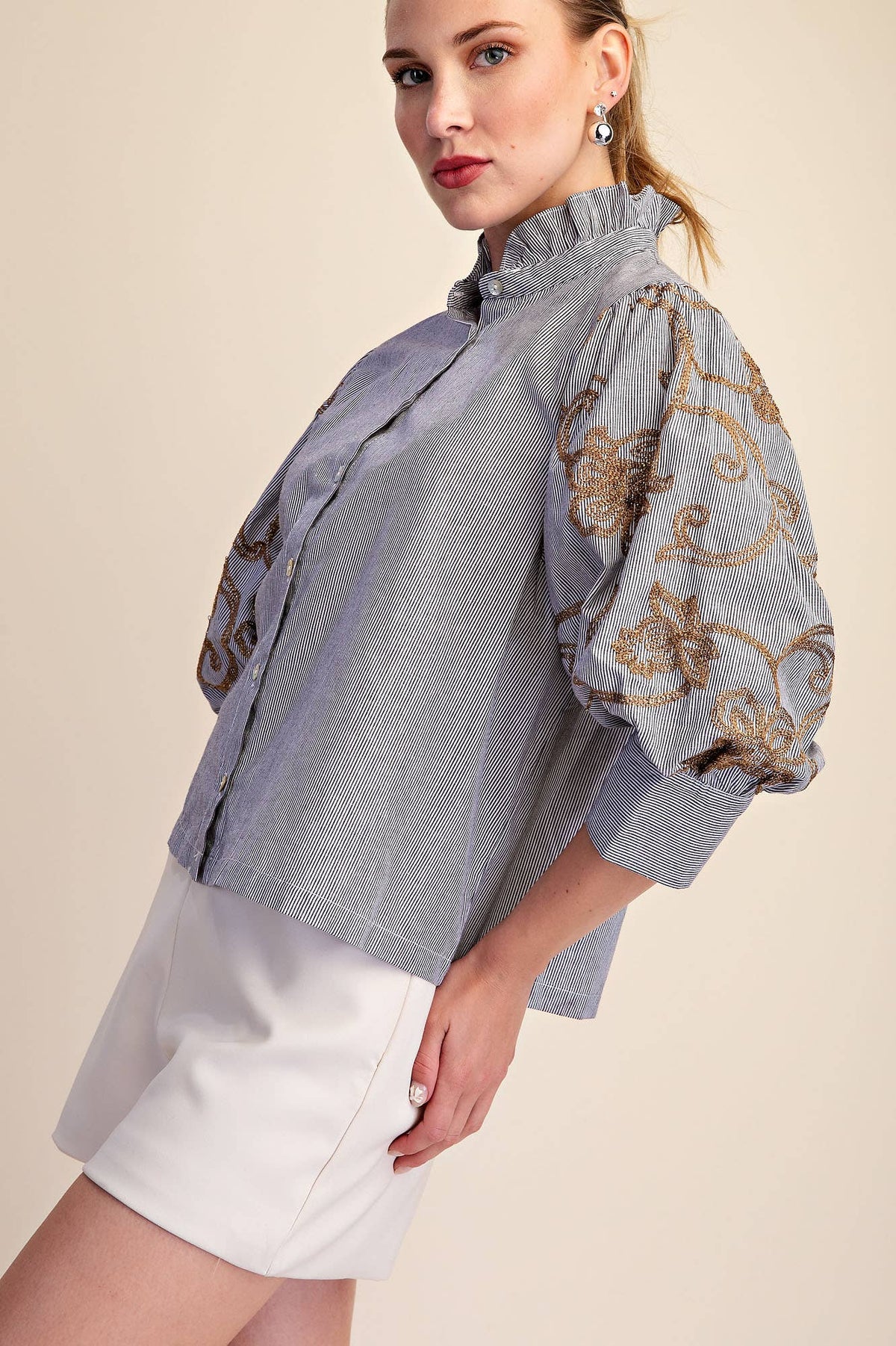 Ruffle Neck Embroidery Puff Sleeve Blouse