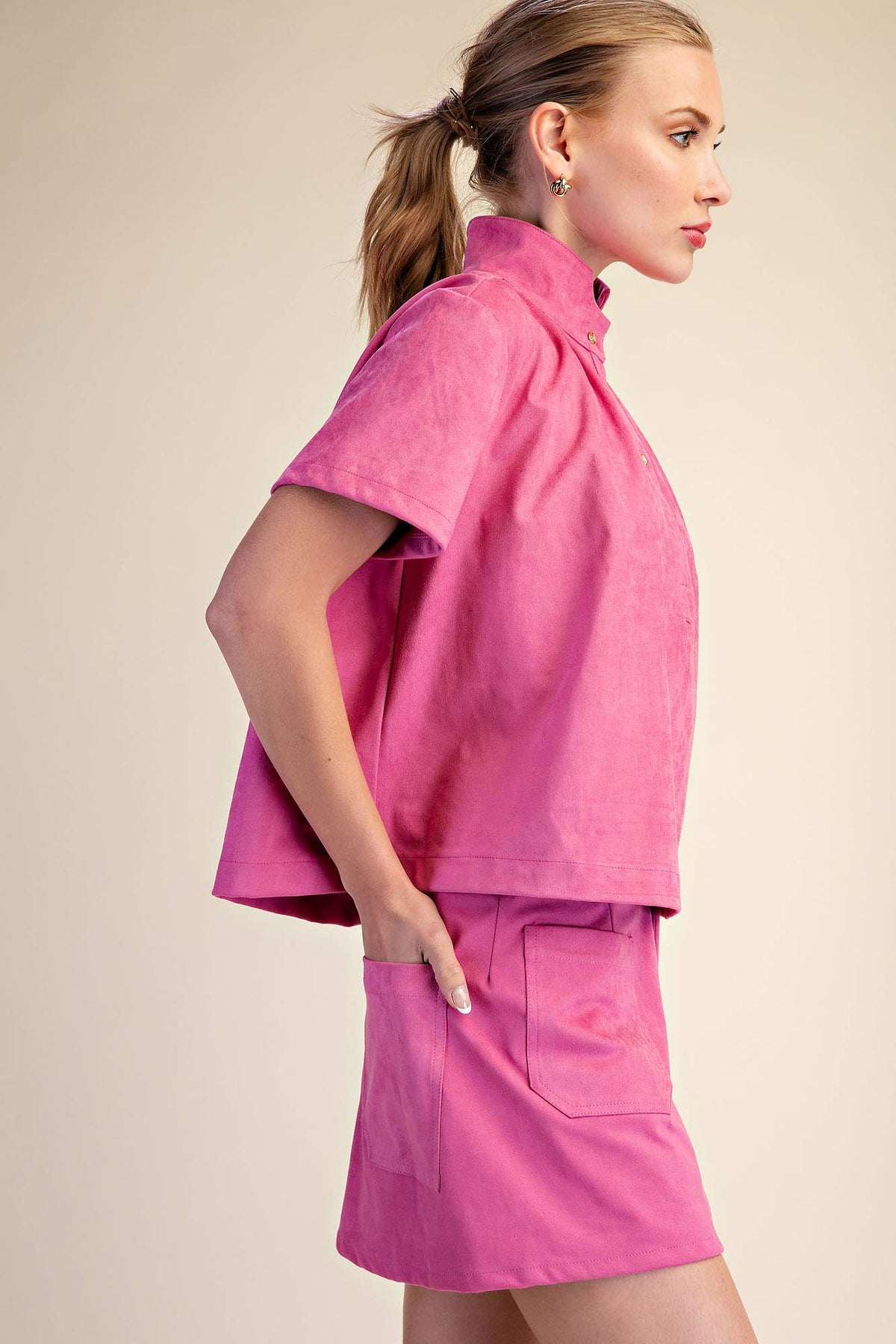 High Collar Short Sleeve Faux Suede Shirt ~ 2 colors