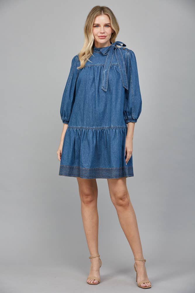 WASHED DENIM Dress with Removable Bow