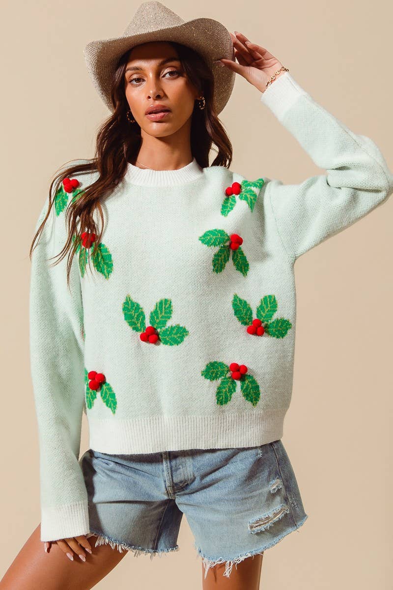 Christmas Holly Berries Pom Pom Sweater Top