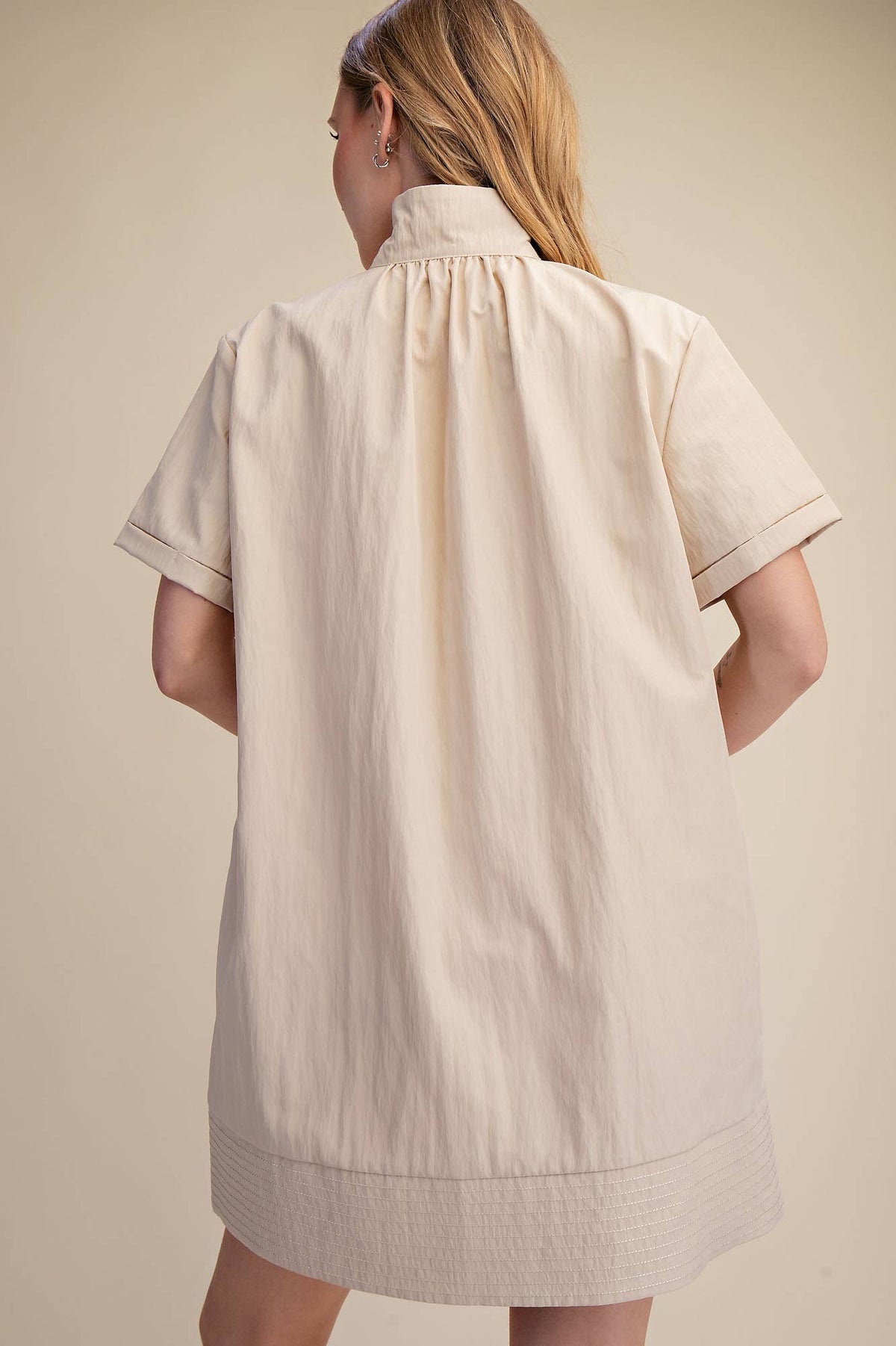 Taupe Stand Collar Short Sleeves Button Down Shift Mini Dress
