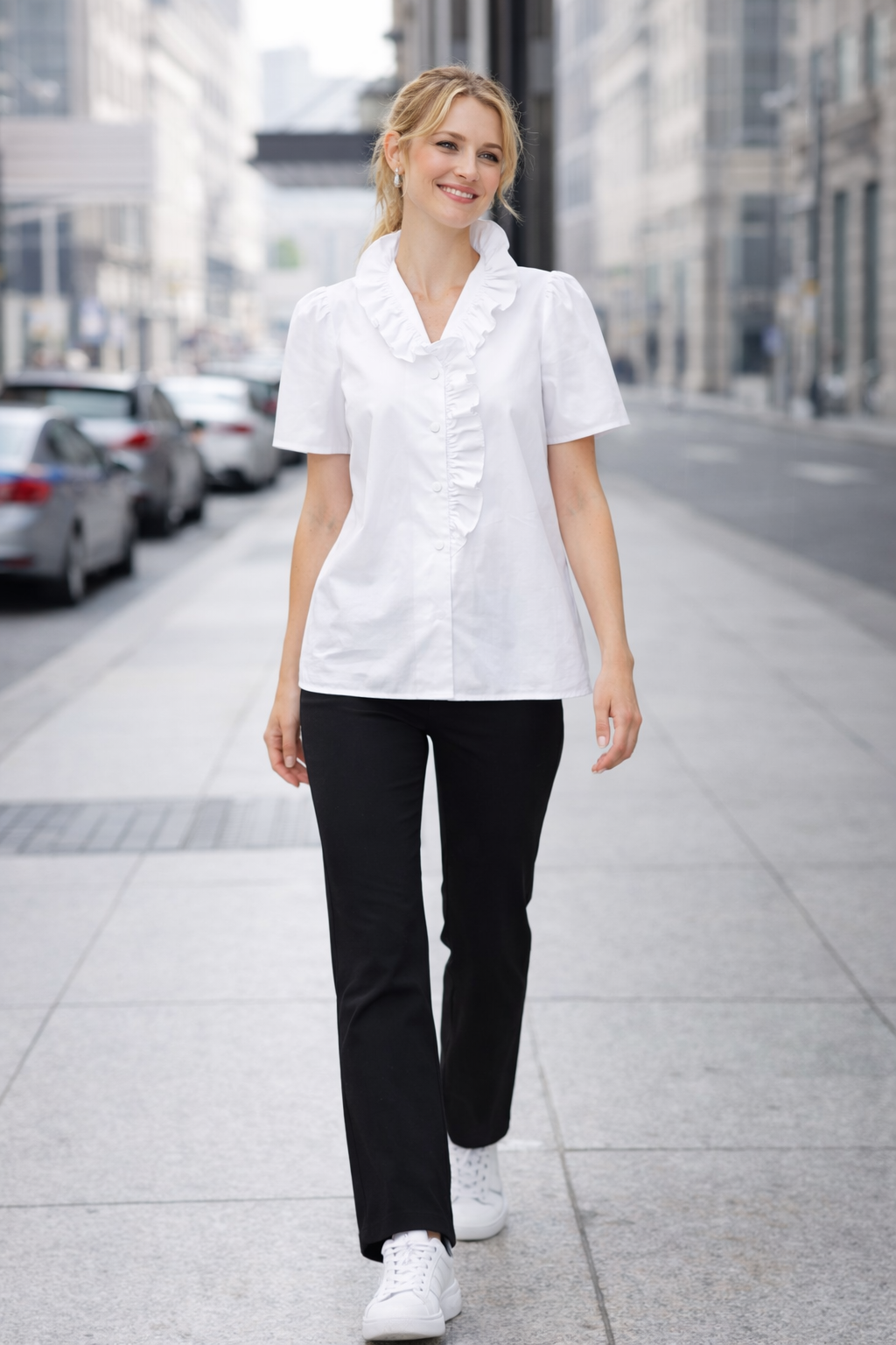 Classic Ruffle Collar Short Sleeve Blouse - 2 colors