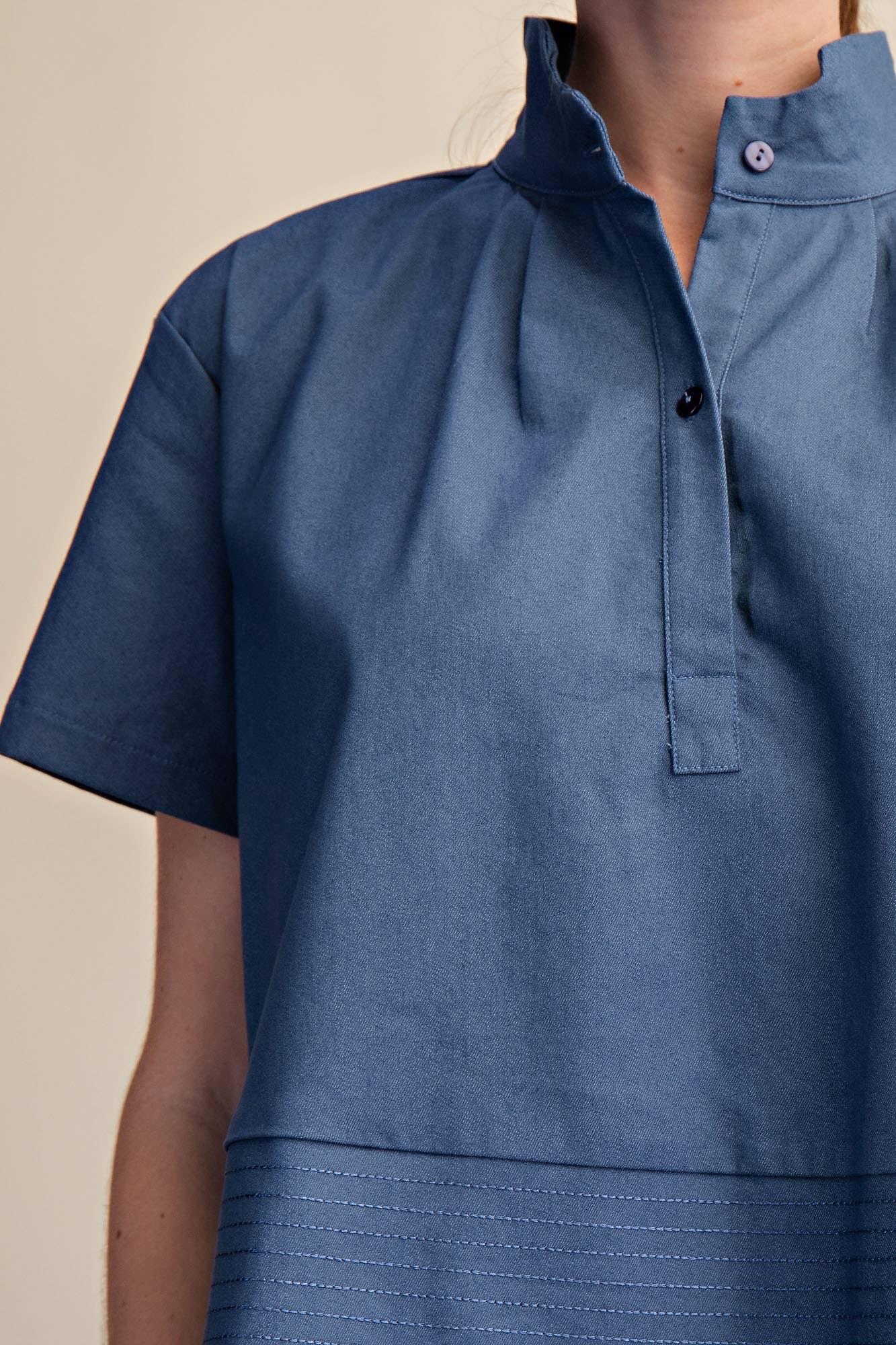 Indigo Stand Collar Short Sleeve Stitch Detail Shirt