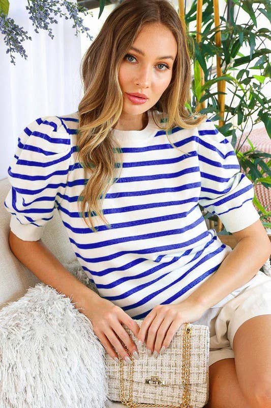 Striped Crew Neck Puff Sleeve Knitted Sweater Top