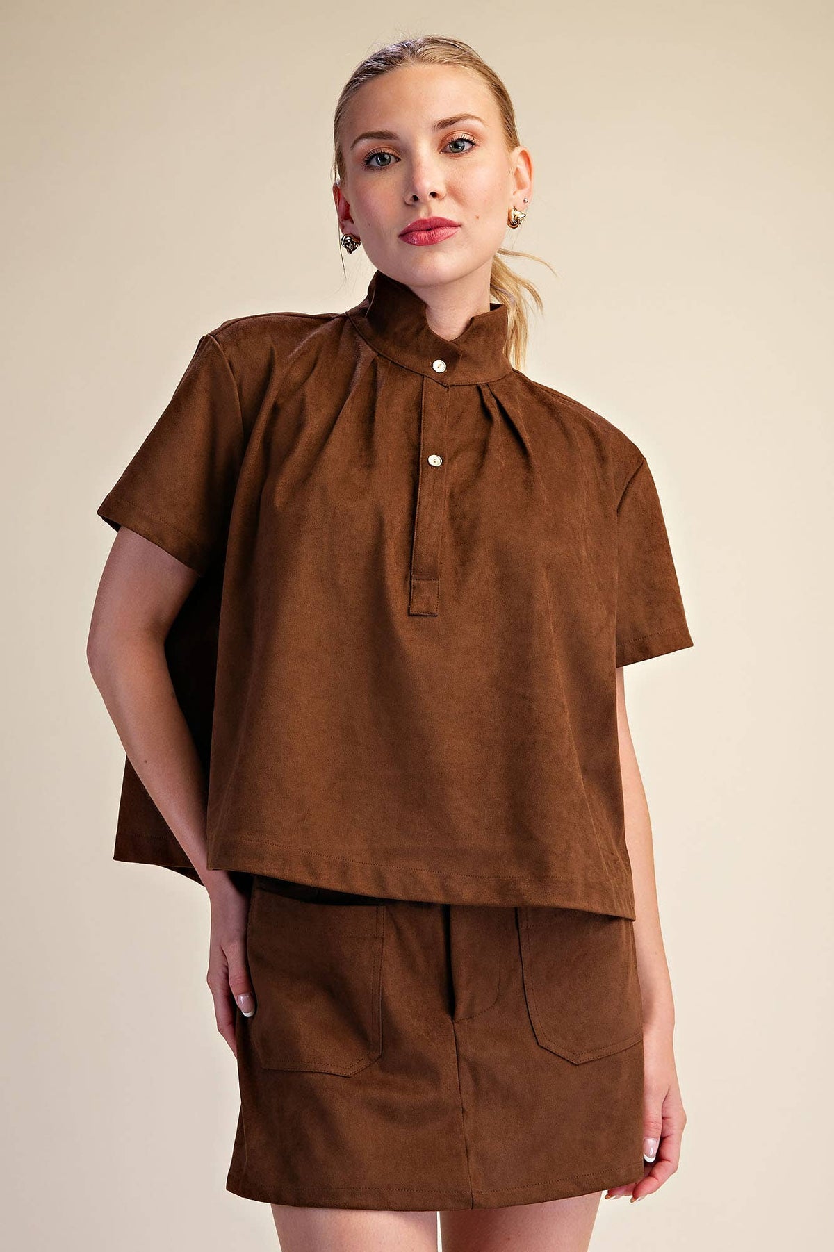 High Collar Short Sleeve Faux Suede Shirt ~ 2 colors