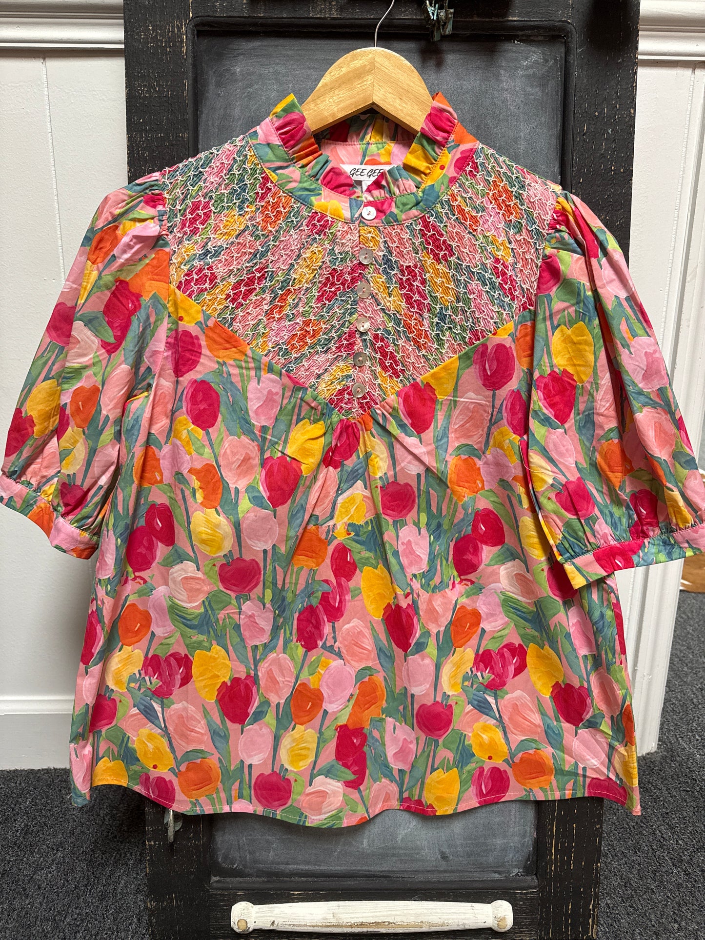 Smocked button up top