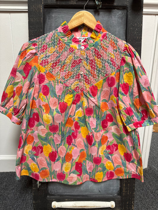 Smocked button up top